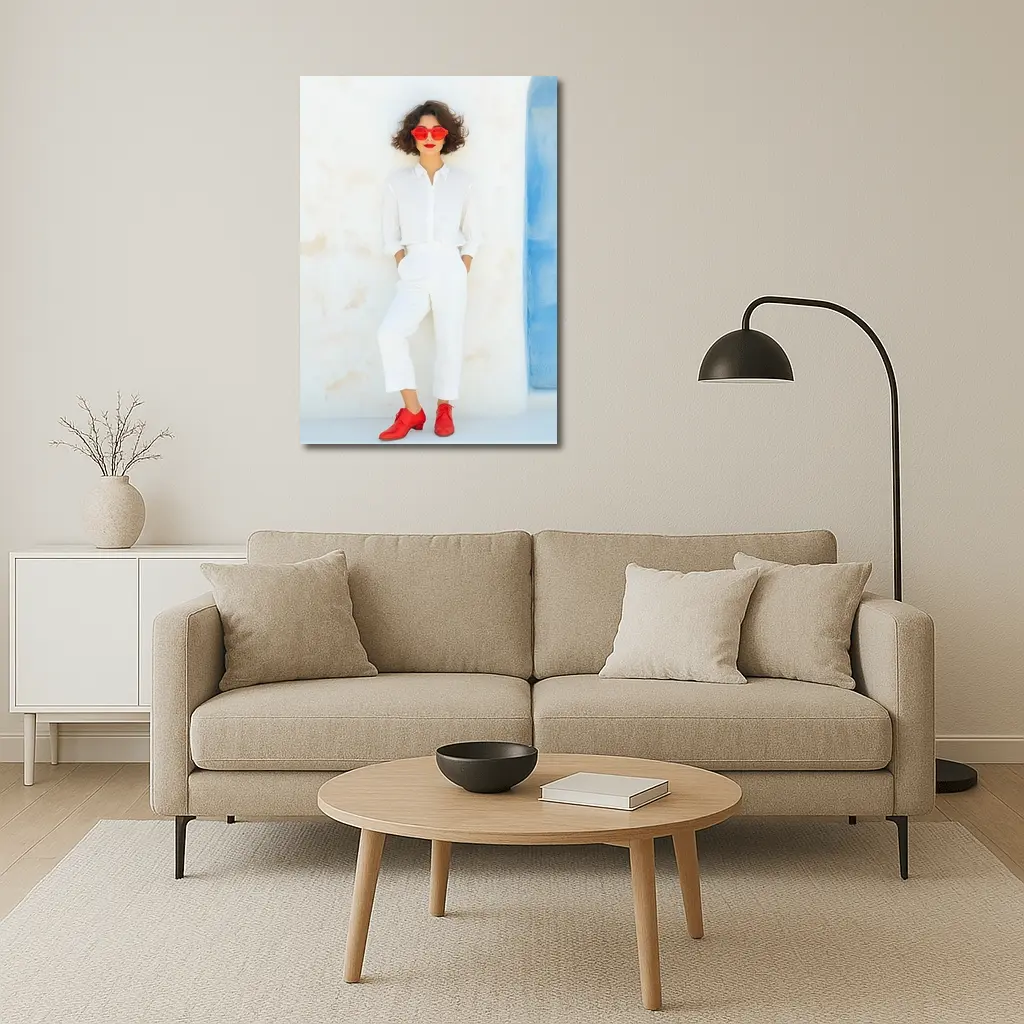 Woman White Outfit Red Shoes Sunglasses – Wall Art