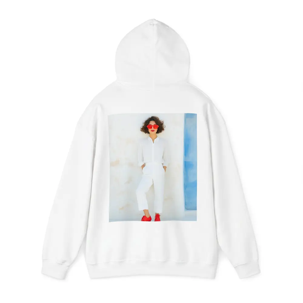 Woman White Outfit Red Shoes Sunglasses – Hoodies