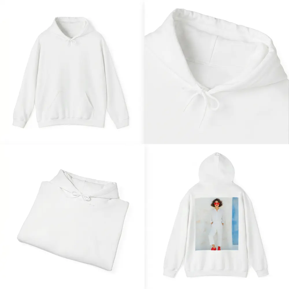 Woman White Outfit Red Shoes Sunglasses – Hoodies