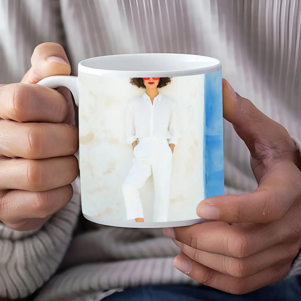 Woman White Outfit Red Shoes Sunglasses – Mugs