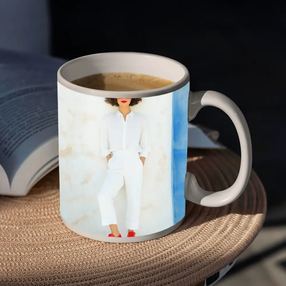 Woman White Outfit Red Shoes Sunglasses – Mugs