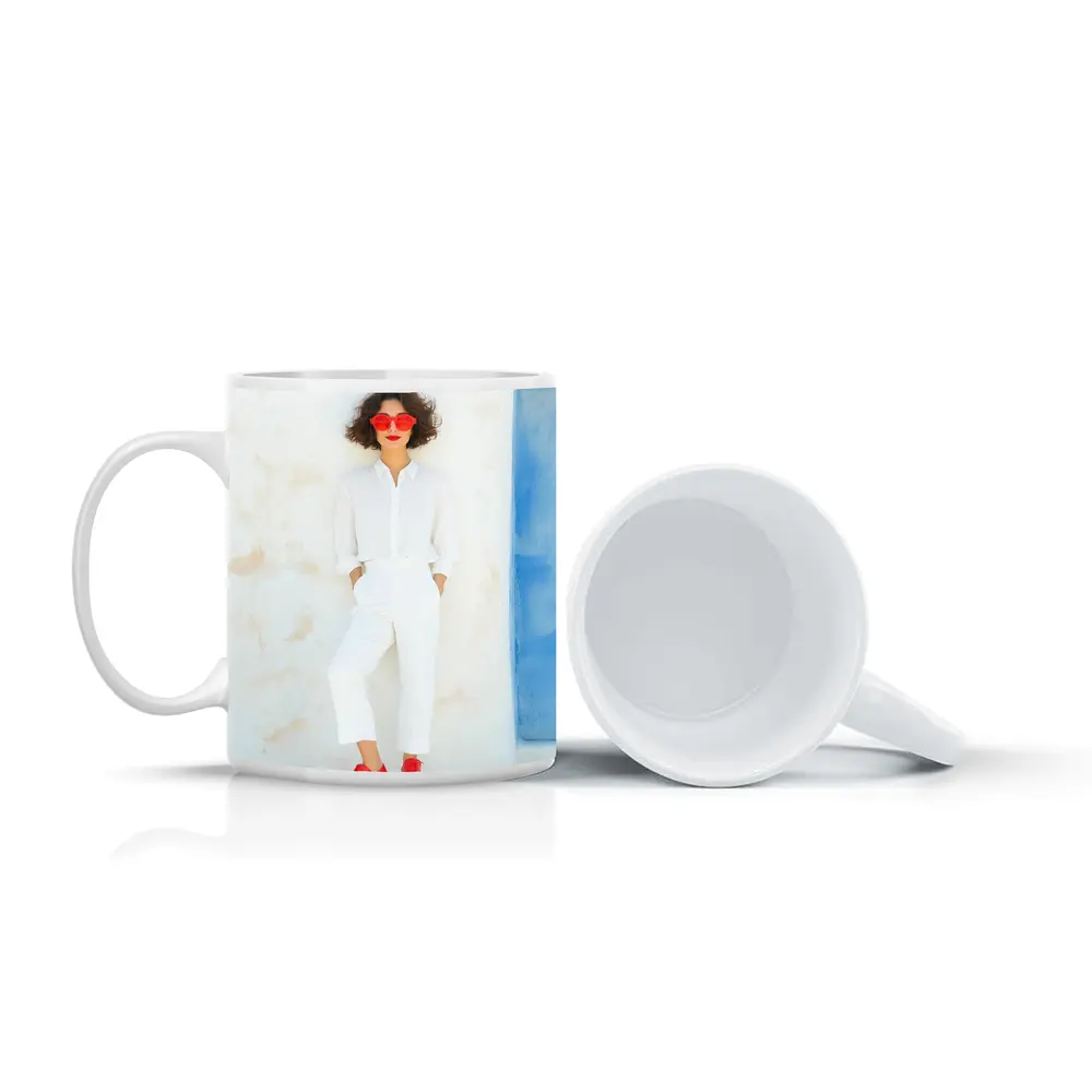 Woman White Outfit Red Shoes Sunglasses – Mugs