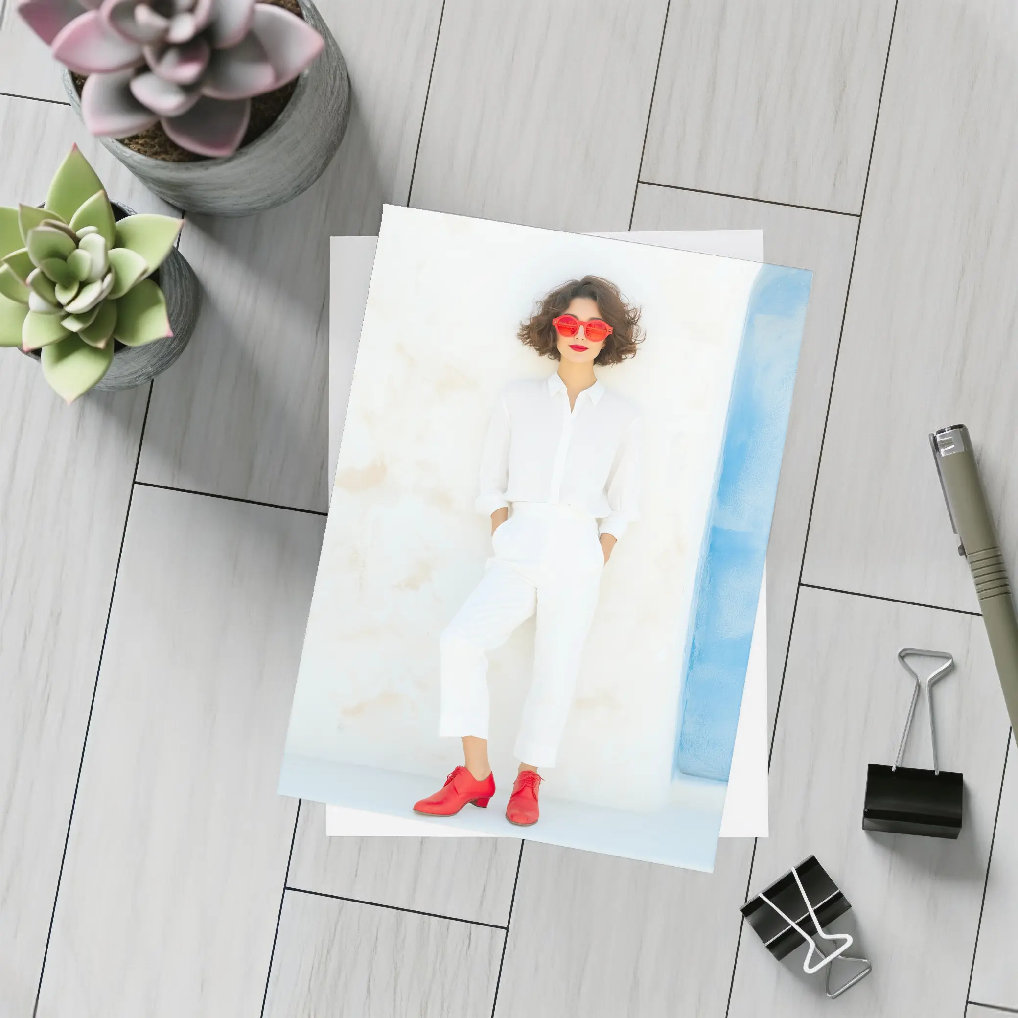 Woman White Outfit Red Shoes Sunglasses – Postcards