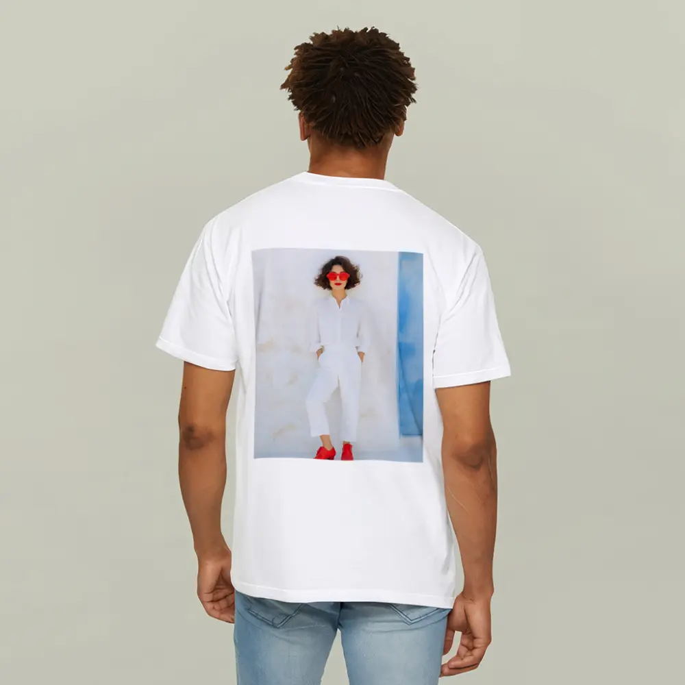 Woman White Outfit Red Shoes Sunglasses – T-Shirts
