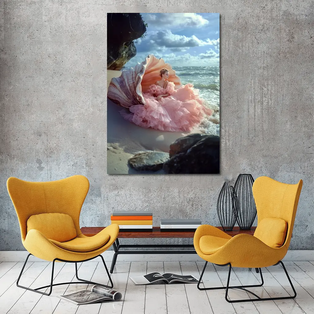 Woman Pink Gown Giant Shell Beach – Wall Art