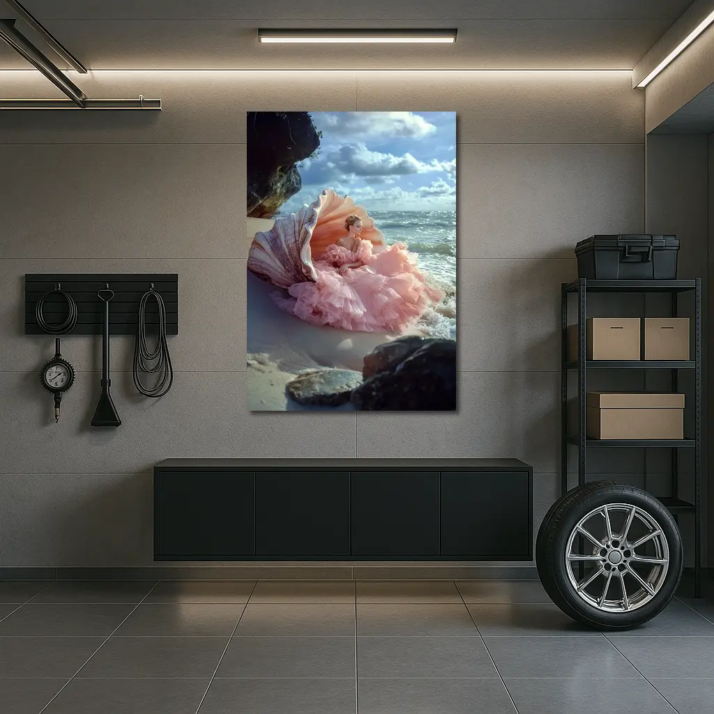 Woman Pink Gown Giant Shell Beach – Wall Art