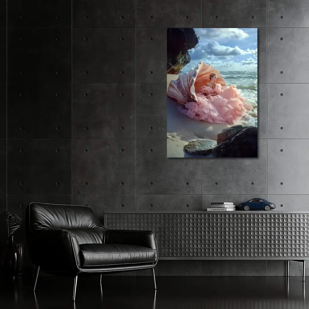 Woman Pink Gown Giant Shell Beach – Wall Art