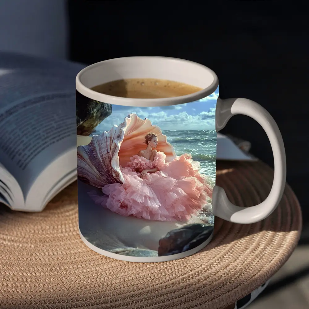 Woman Pink Gown Giant Shell Beach – Mugs