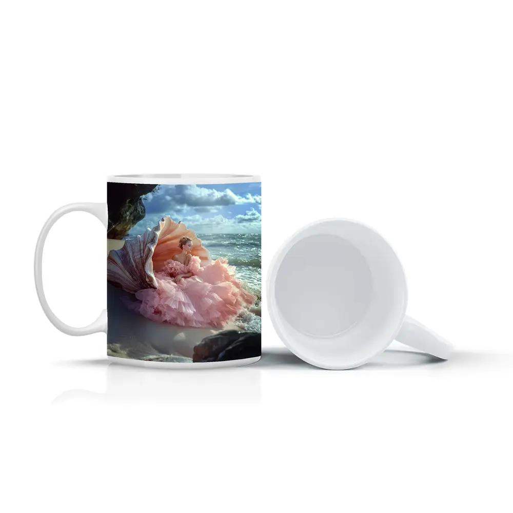Woman Pink Gown Giant Shell Beach – Mugs