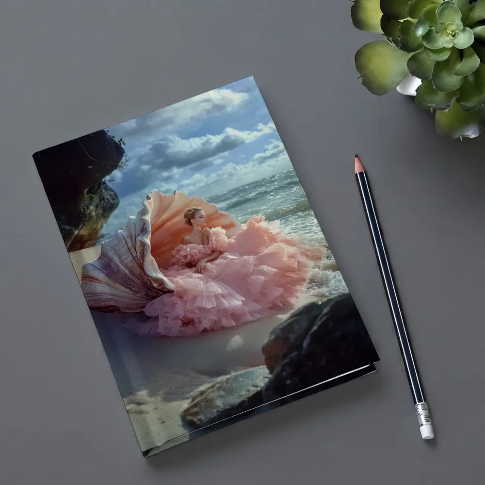 Woman Pink Gown Giant Shell Beach – Notebooks