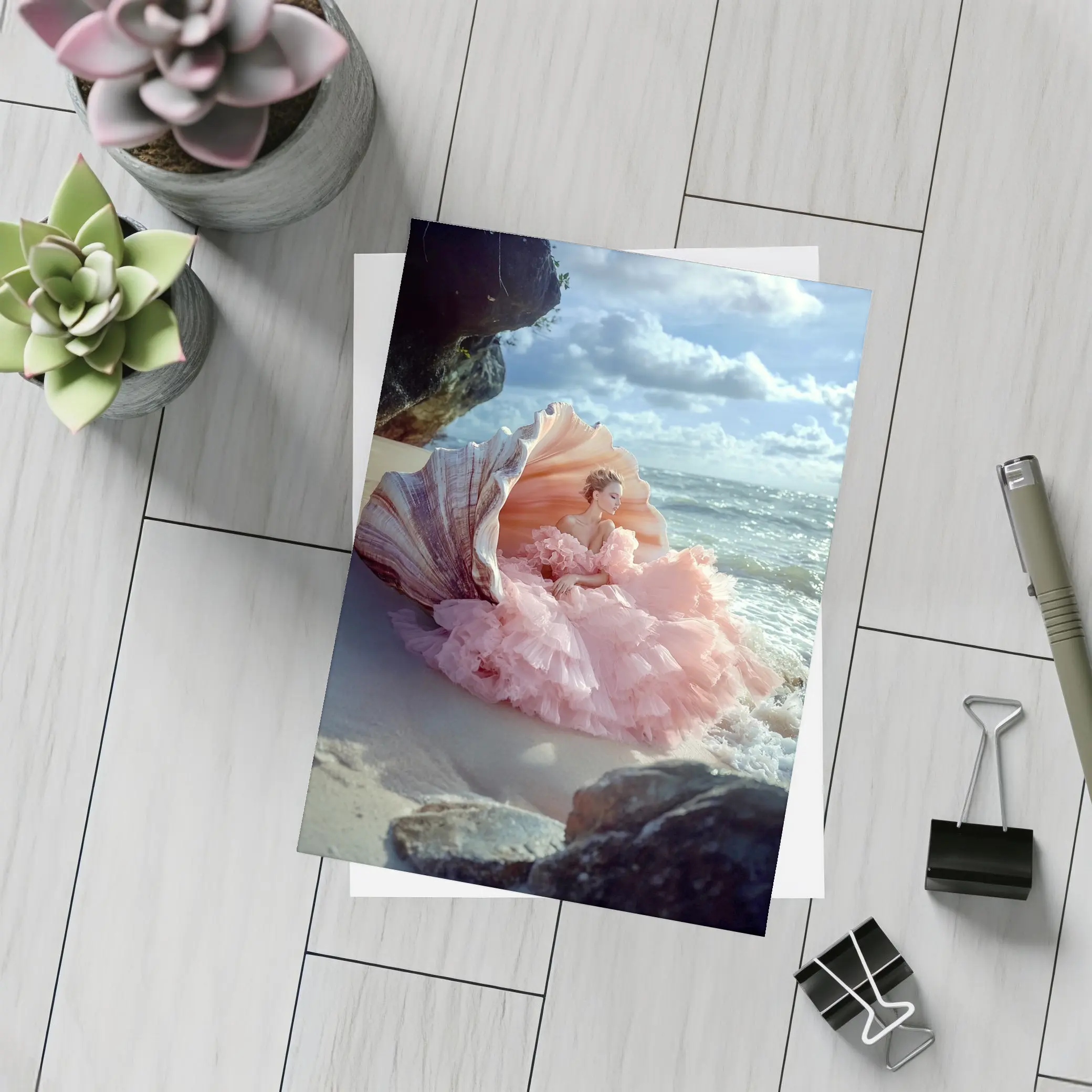 Woman Pink Gown Giant Shell Beach – Postcards