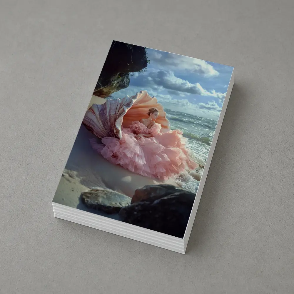 Woman Pink Gown Giant Shell Beach – Postcards