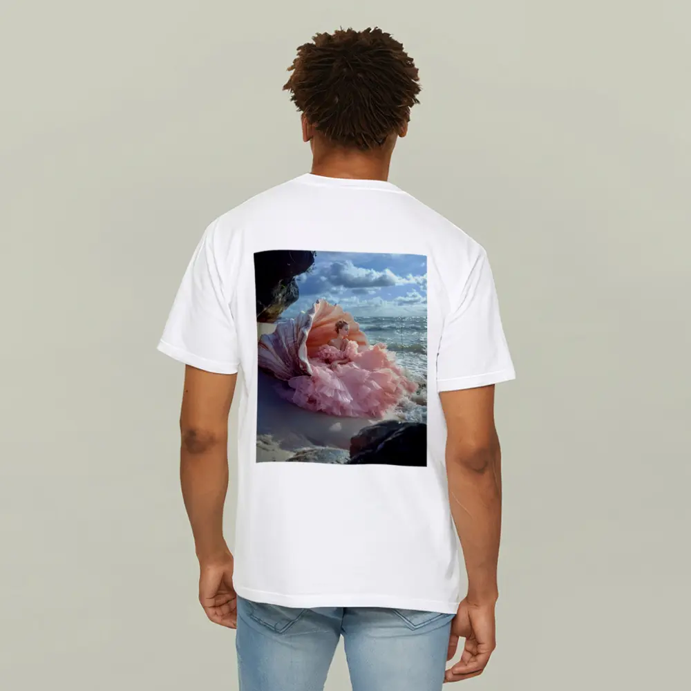 Woman Pink Gown Giant Shell Beach – T-Shirts