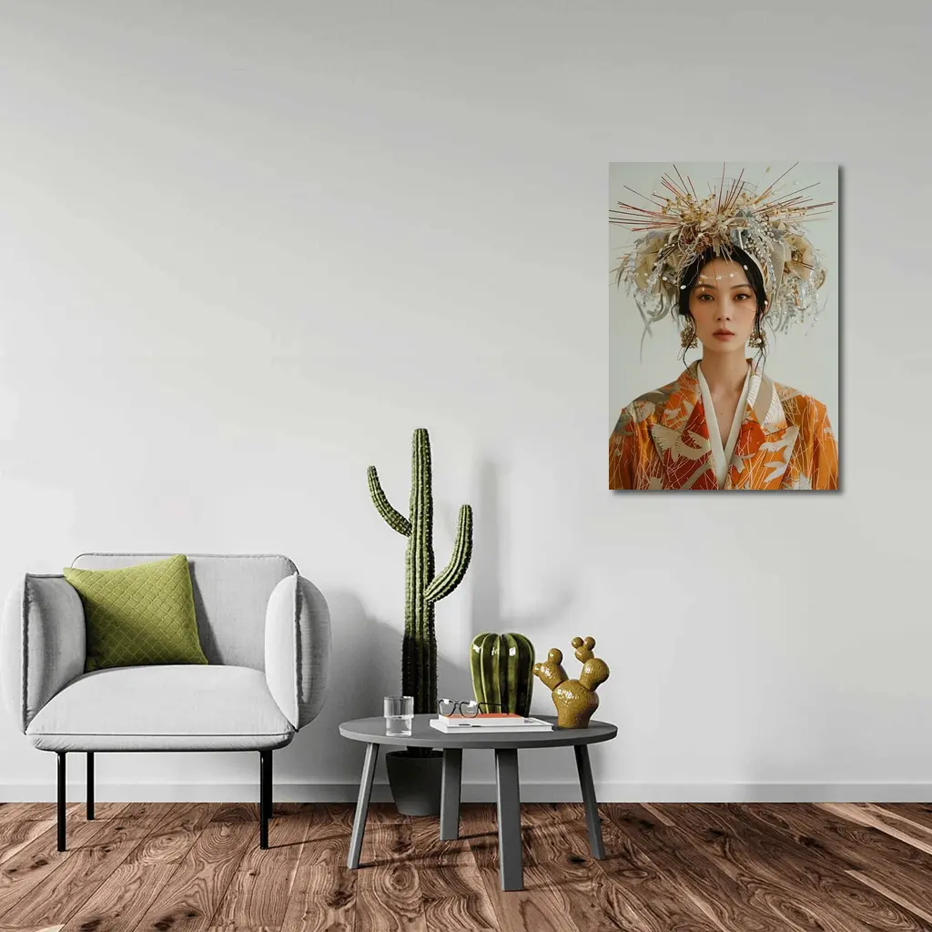 Japanese Woman Orange Kimono Ornate Headdress – Wall Art