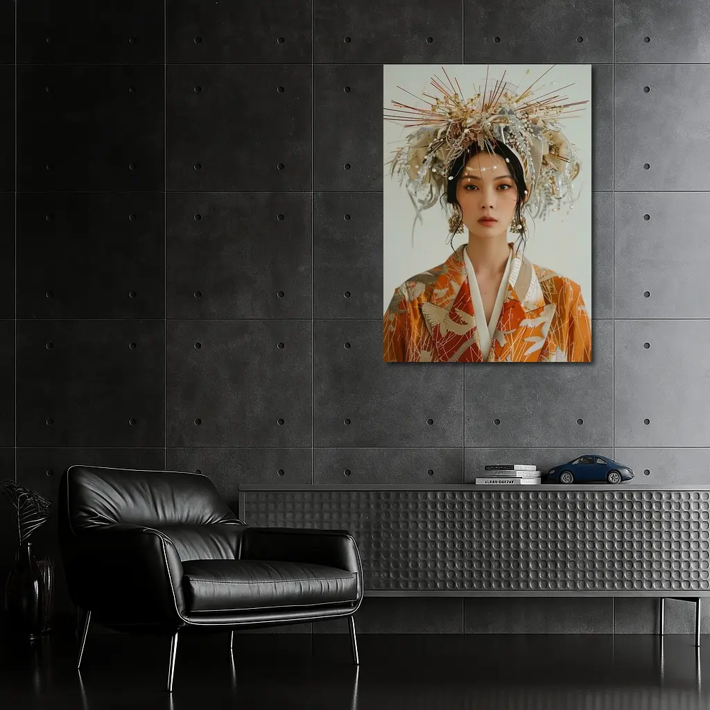 Japanese Woman Orange Kimono Ornate Headdress – Wall Art