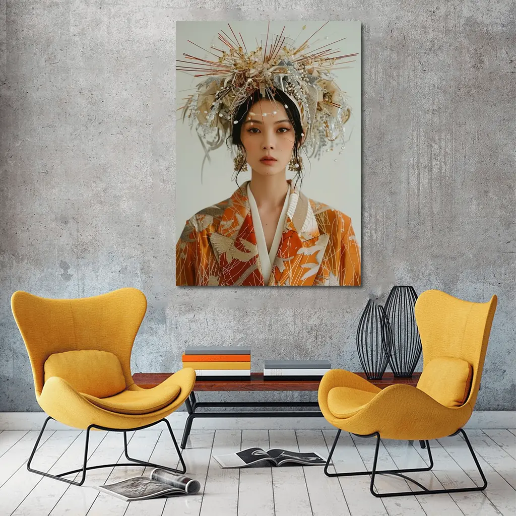 Japanese Woman Orange Kimono Ornate Headdress – Wall Art