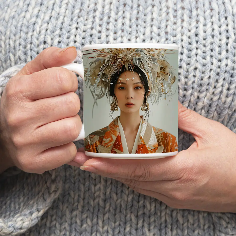 Japanese Woman Orange Kimono Ornate Headdress – Mugs