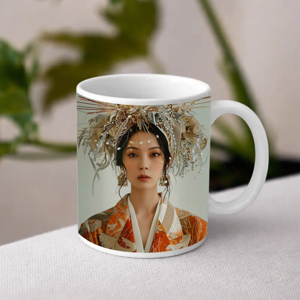 Japanese Woman Orange Kimono Ornate Headdress – Mugs