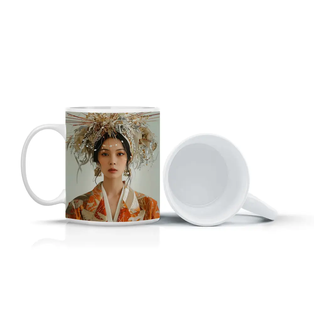 Japanese Woman Orange Kimono Ornate Headdress – Mugs