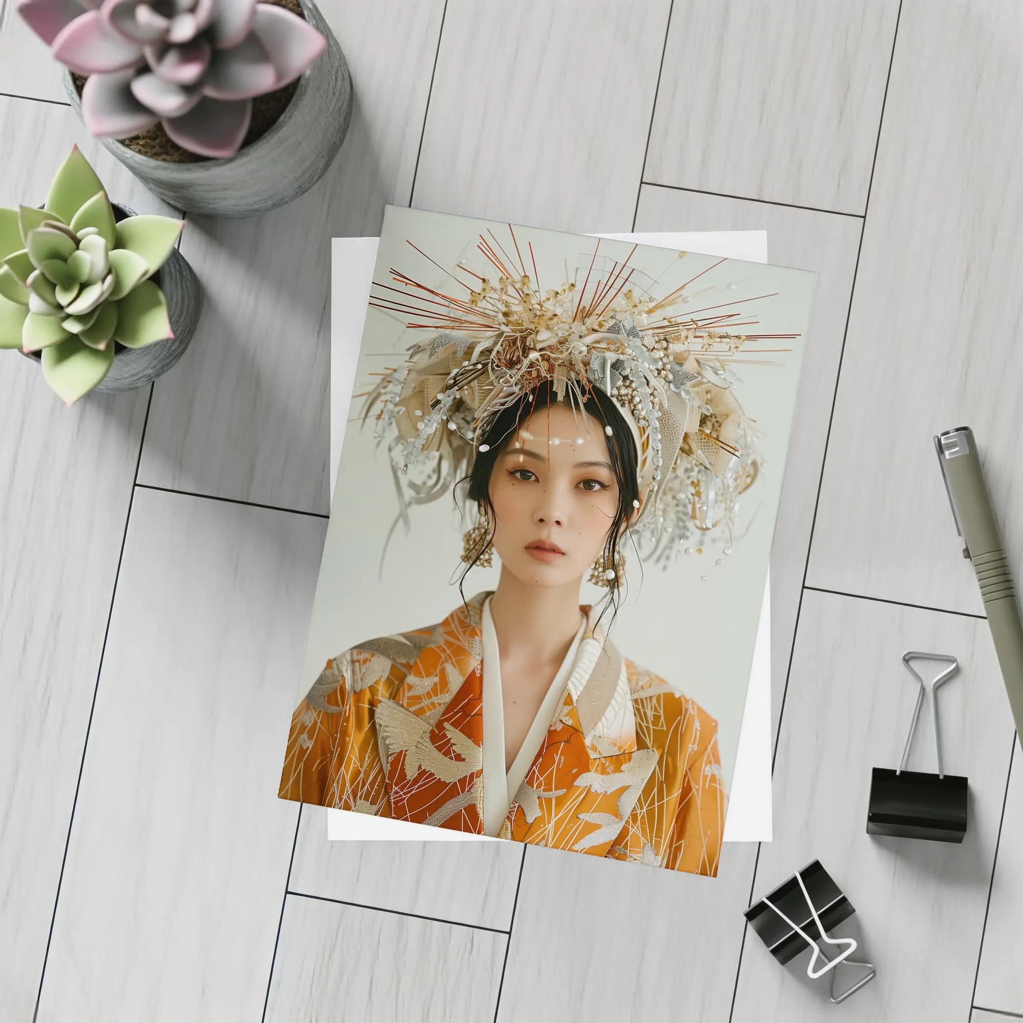 Japanese Woman Orange Kimono Ornate Headdress – Postcards