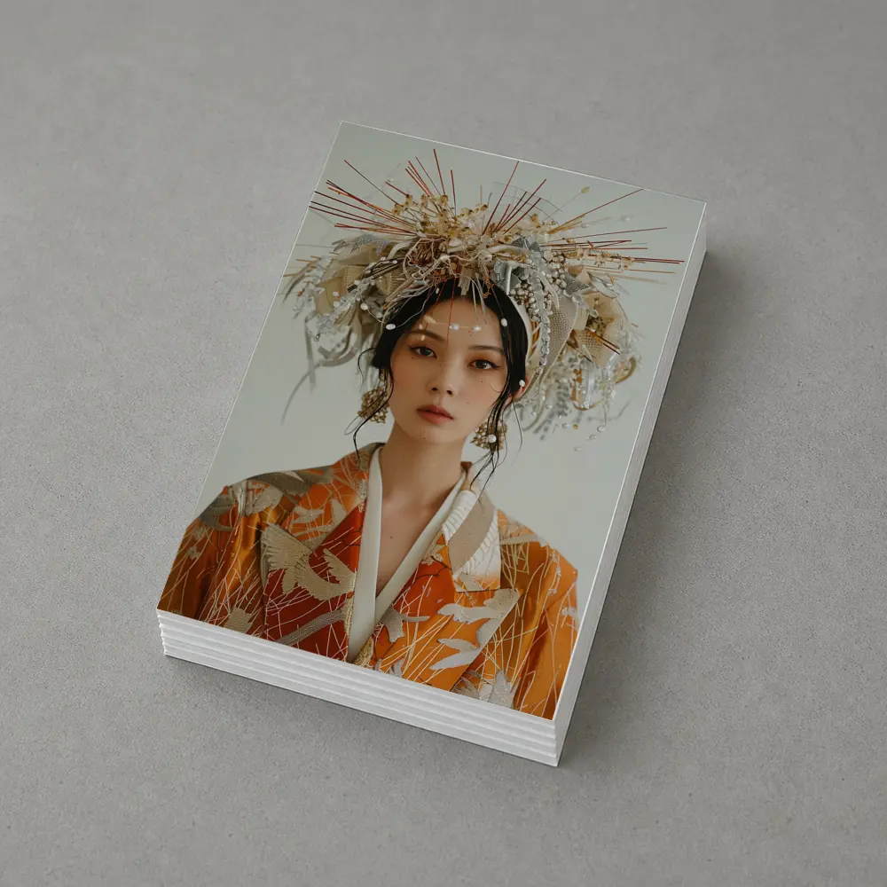 Japanese Woman Orange Kimono Ornate Headdress – Postcards