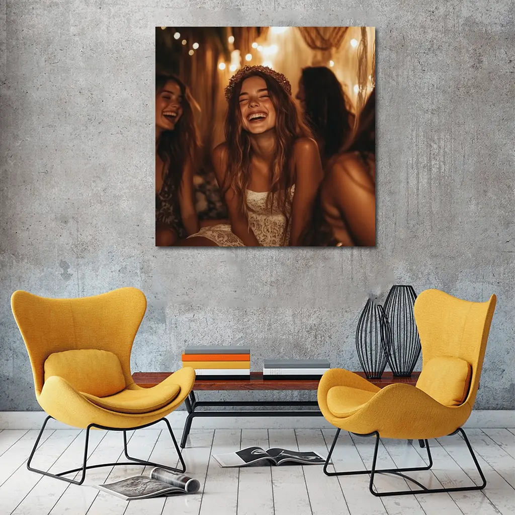 Laughing Women Friends Boho String Lights – Wall Art