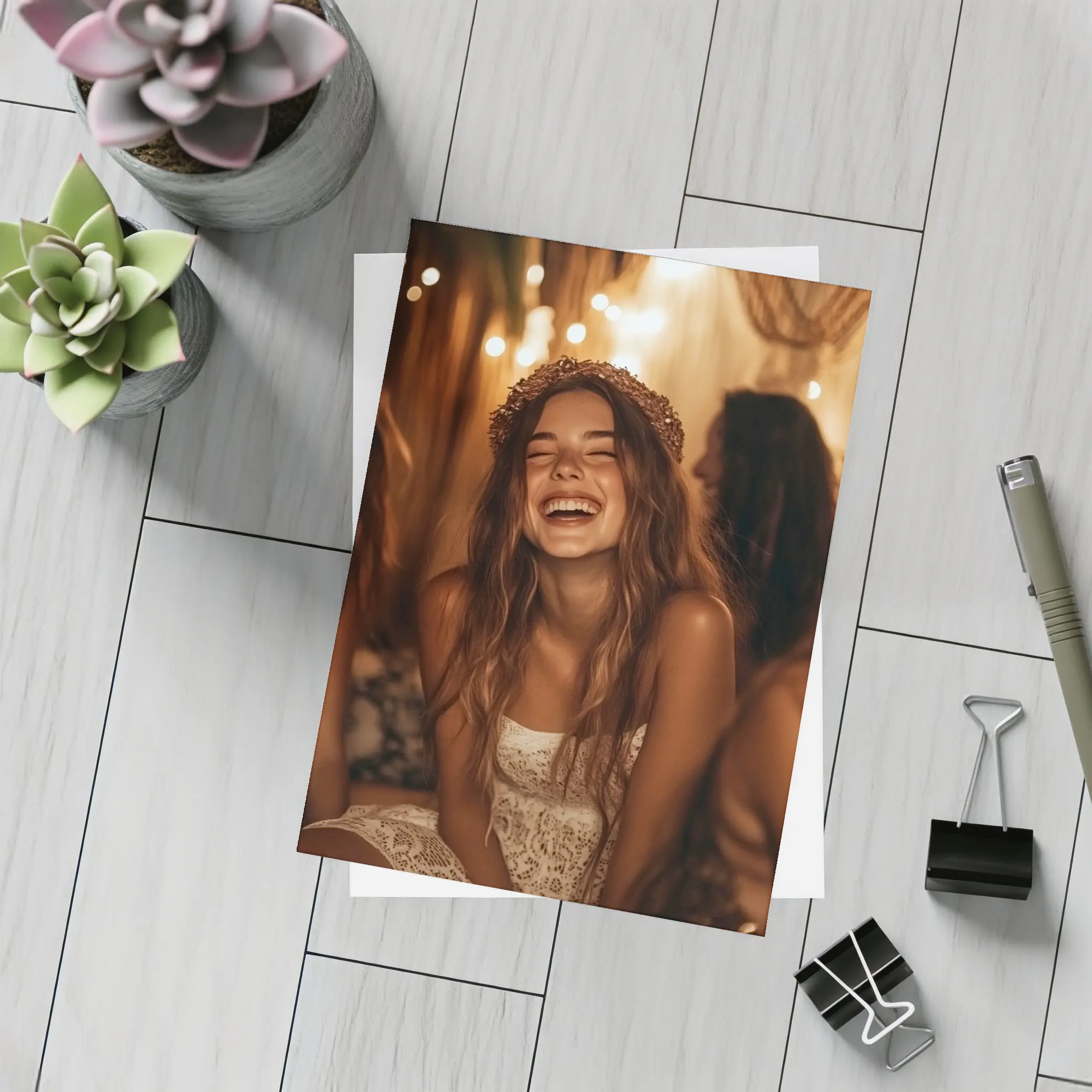 Laughing Women Friends Boho String Lights – Postcards