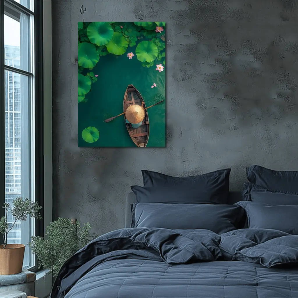 Wooden Boat Lotus Pond Green Water – Wall Art