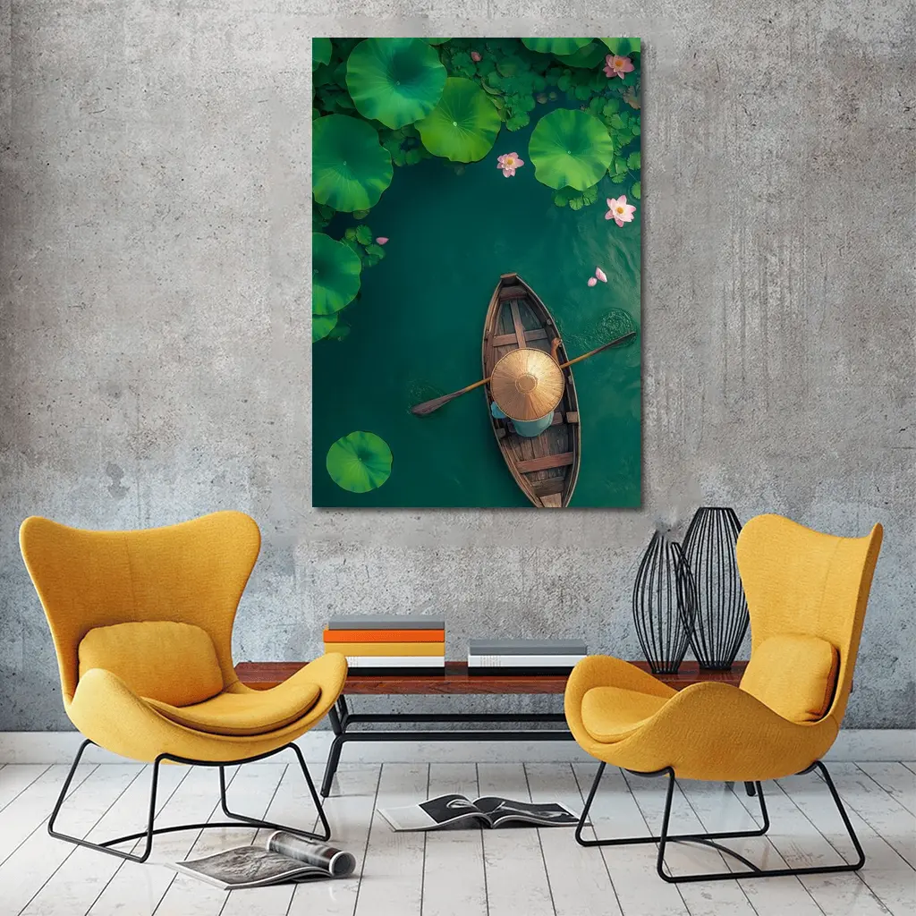Wooden Boat Lotus Pond Green Water – Wall Art
