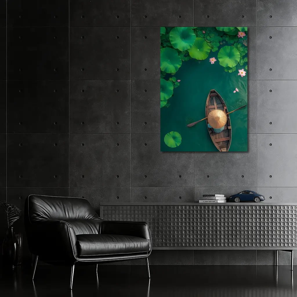 Wooden Boat Lotus Pond Green Water – Wall Art