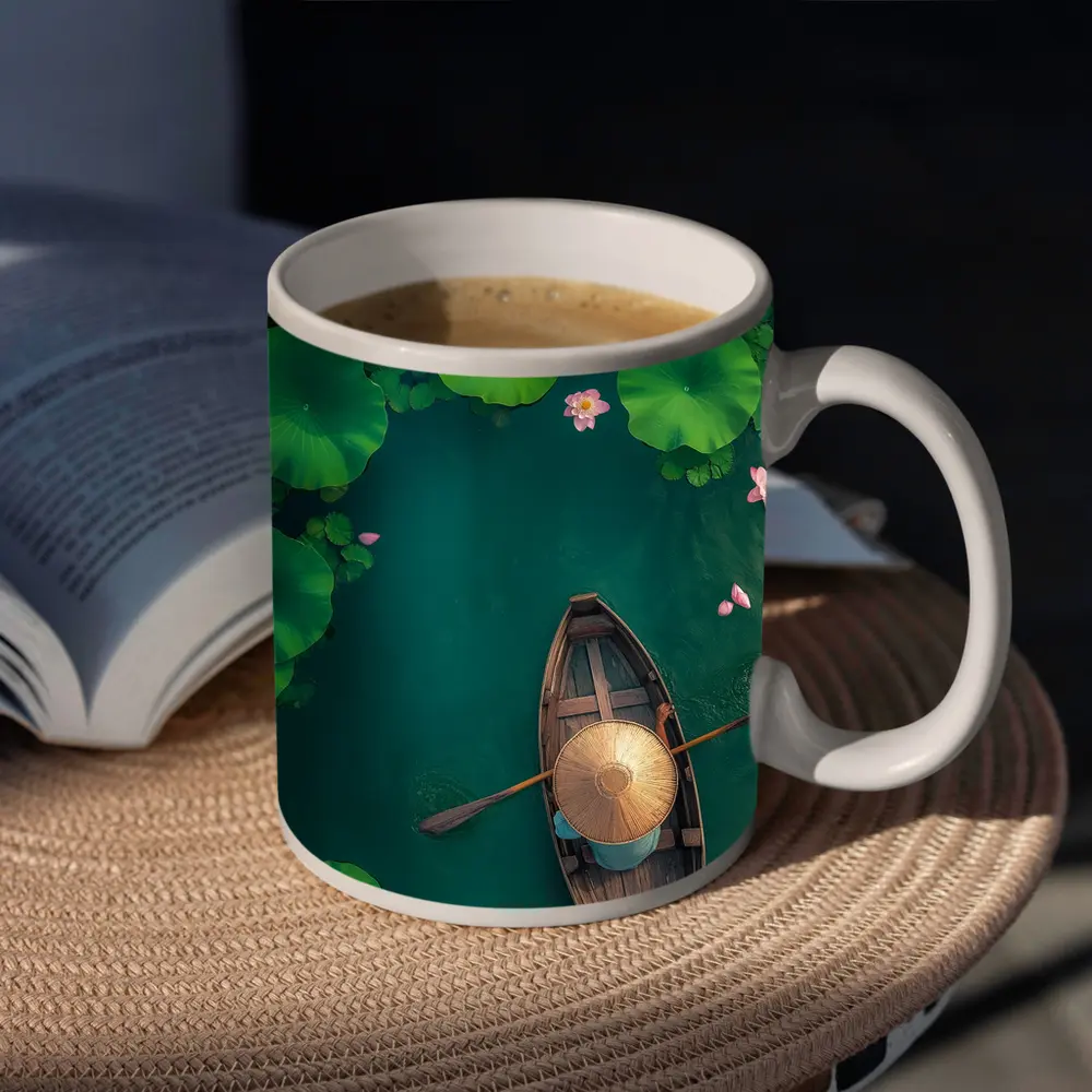Wooden Boat Lotus Pond Green Water – Mugs