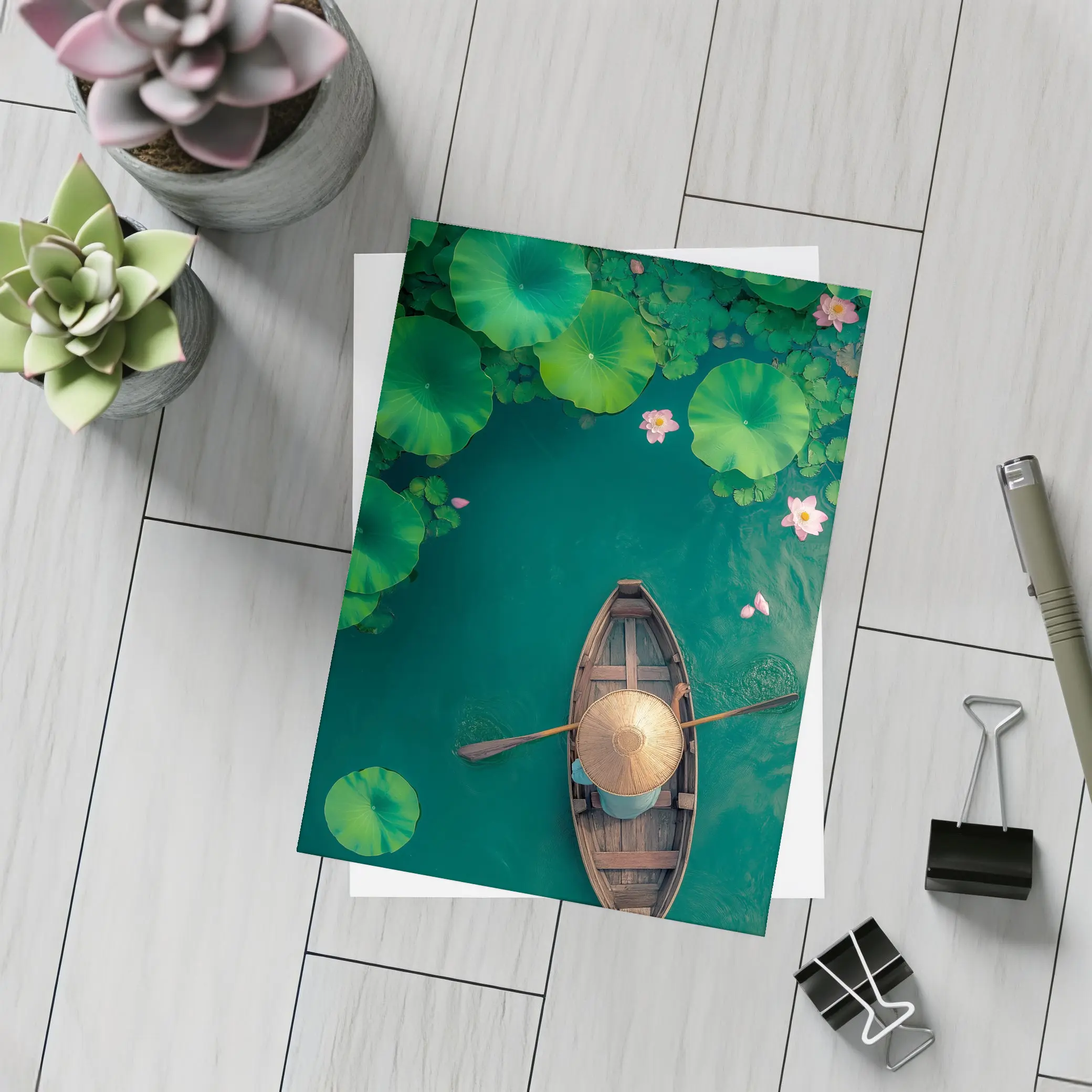 Wooden Boat Lotus Pond Green Water – Postcards