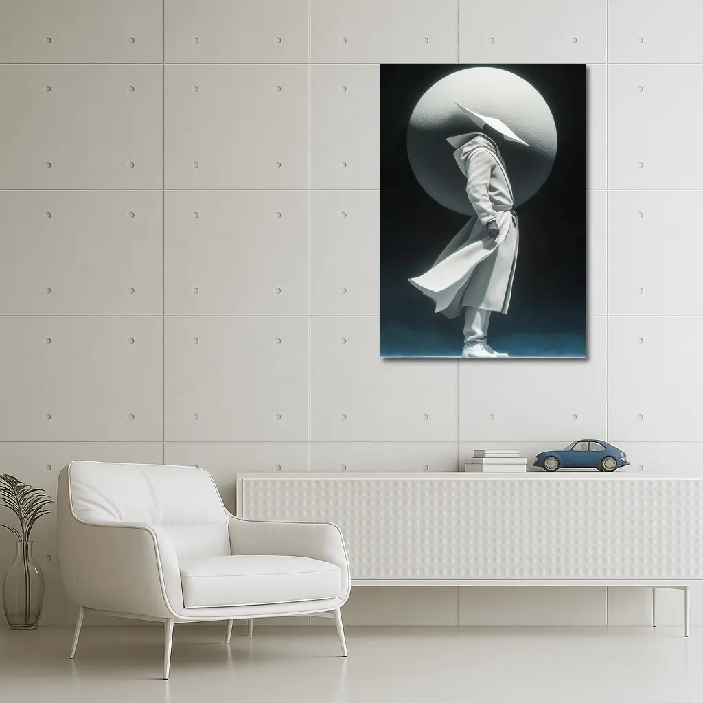 White Figure Trench Coat Dark Abstract Background – Wall Art