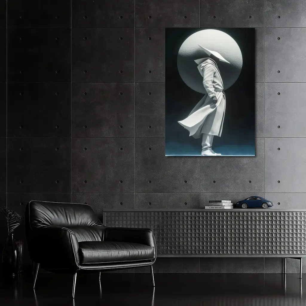 White Figure Trench Coat Dark Abstract Background – Wall Art