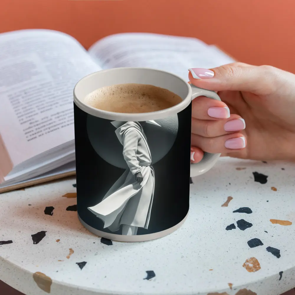 White Figure Trench Coat Dark Abstract Background – Mugs