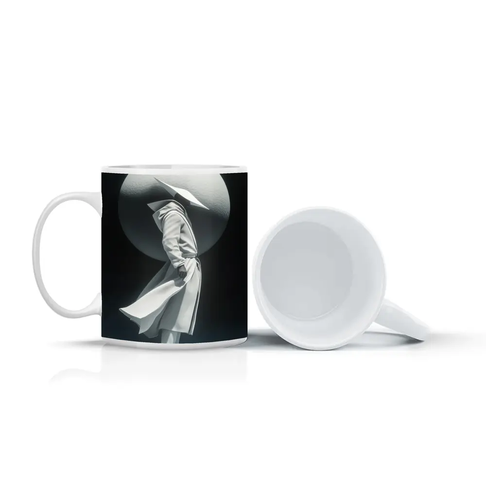White Figure Trench Coat Dark Abstract Background – Mugs