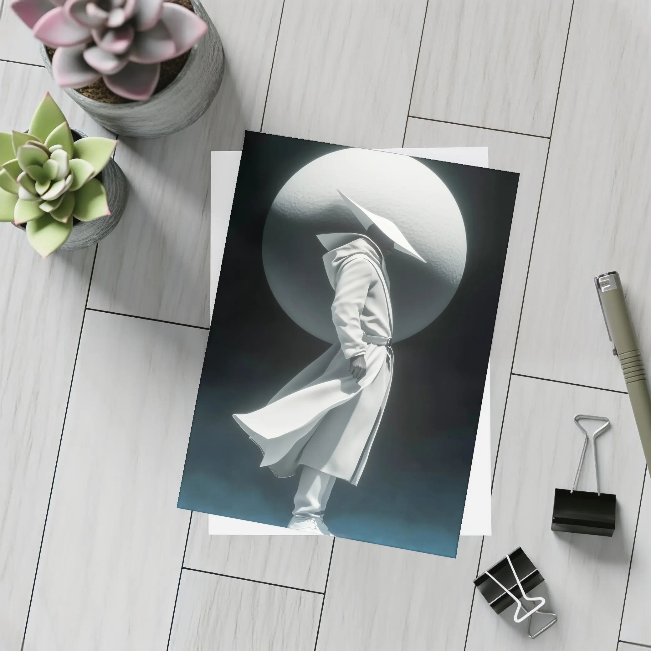 White Figure Trench Coat Dark Abstract Background – Postcards
