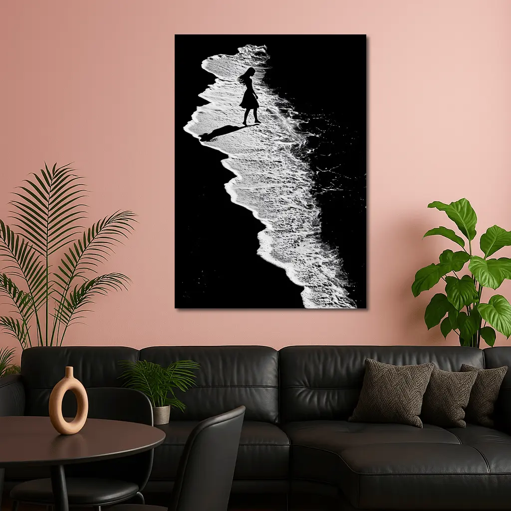 Girl Silhouette Walking Along Ocean Shore – Wall Art