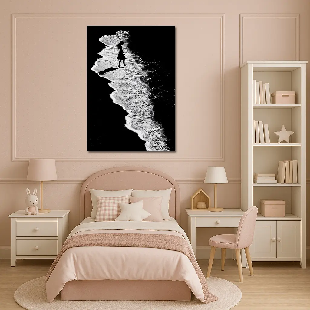 Girl Silhouette Walking Along Ocean Shore – Wall Art