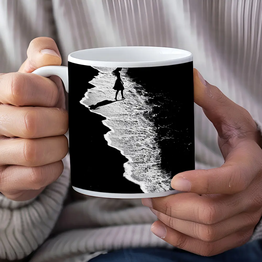 Girl Silhouette Walking Along Ocean Shore – Mugs