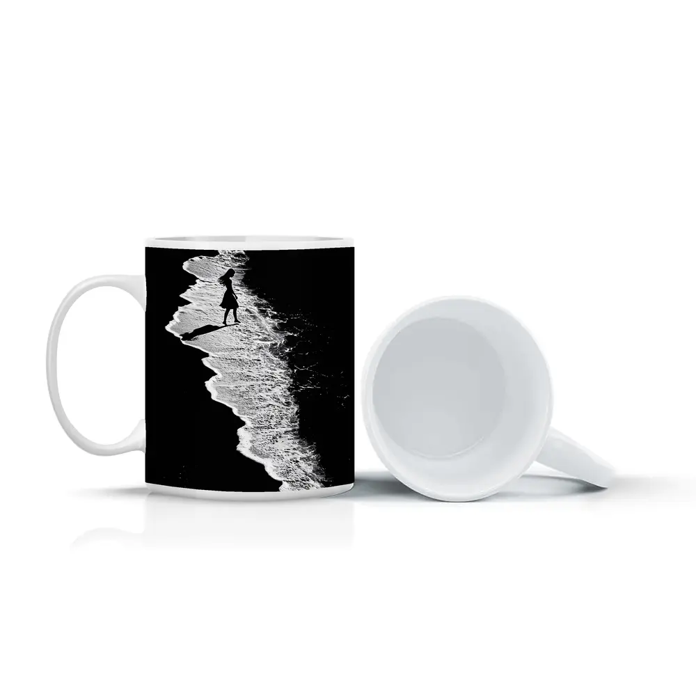 Girl Silhouette Walking Along Ocean Shore – Mugs
