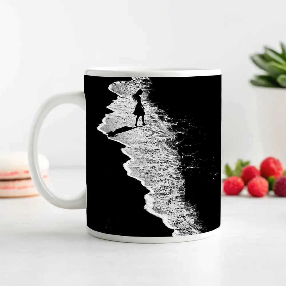 Girl Silhouette Walking Along Ocean Shore – Mugs