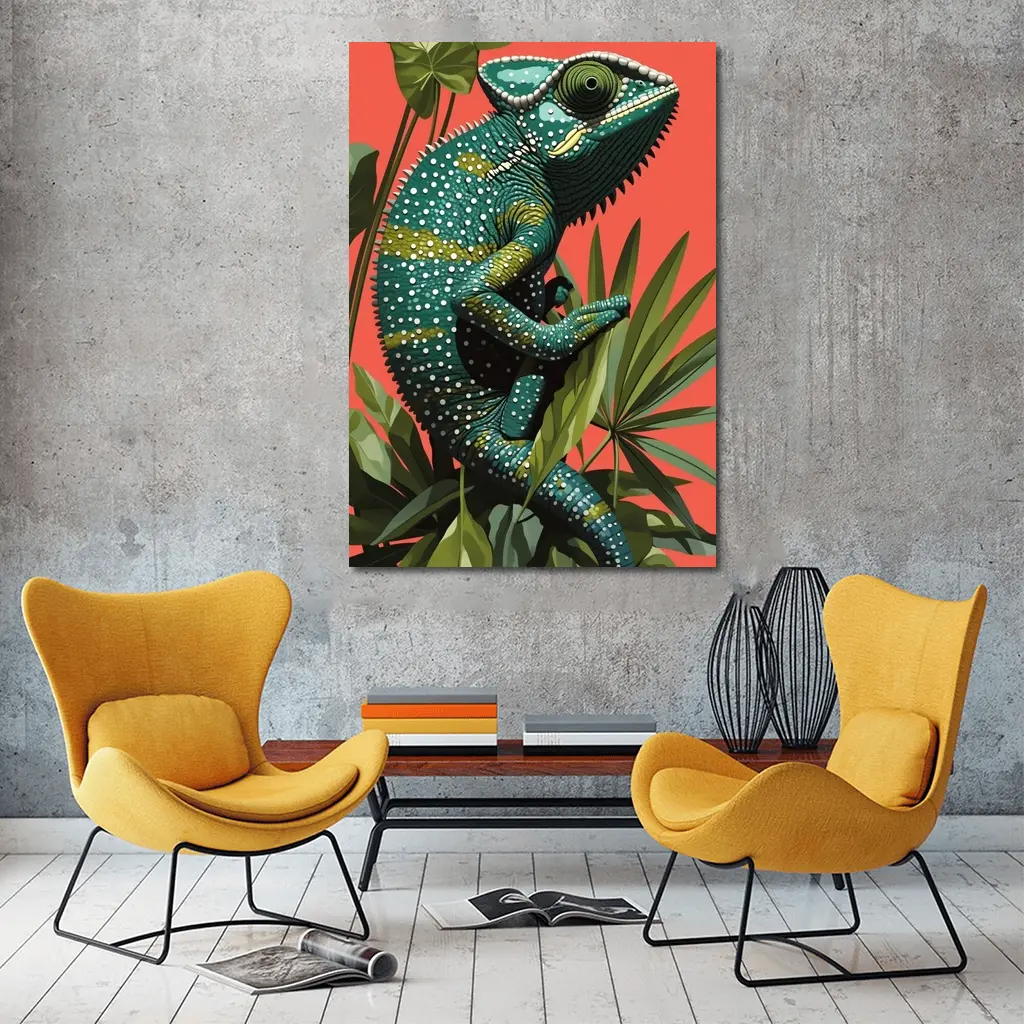 Teal Chameleon Climbing Tropical Plants Red Background – Wall Art