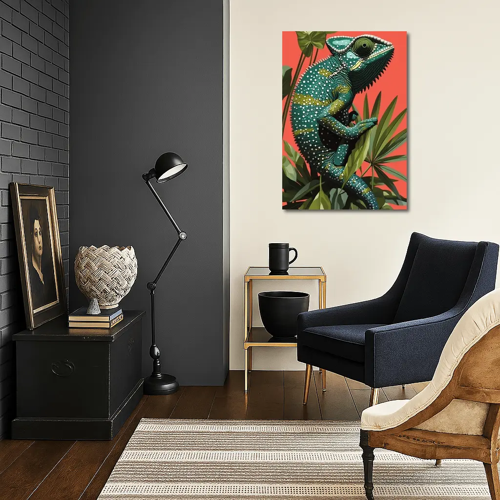Teal Chameleon Climbing Tropical Plants Red Background – Wall Art