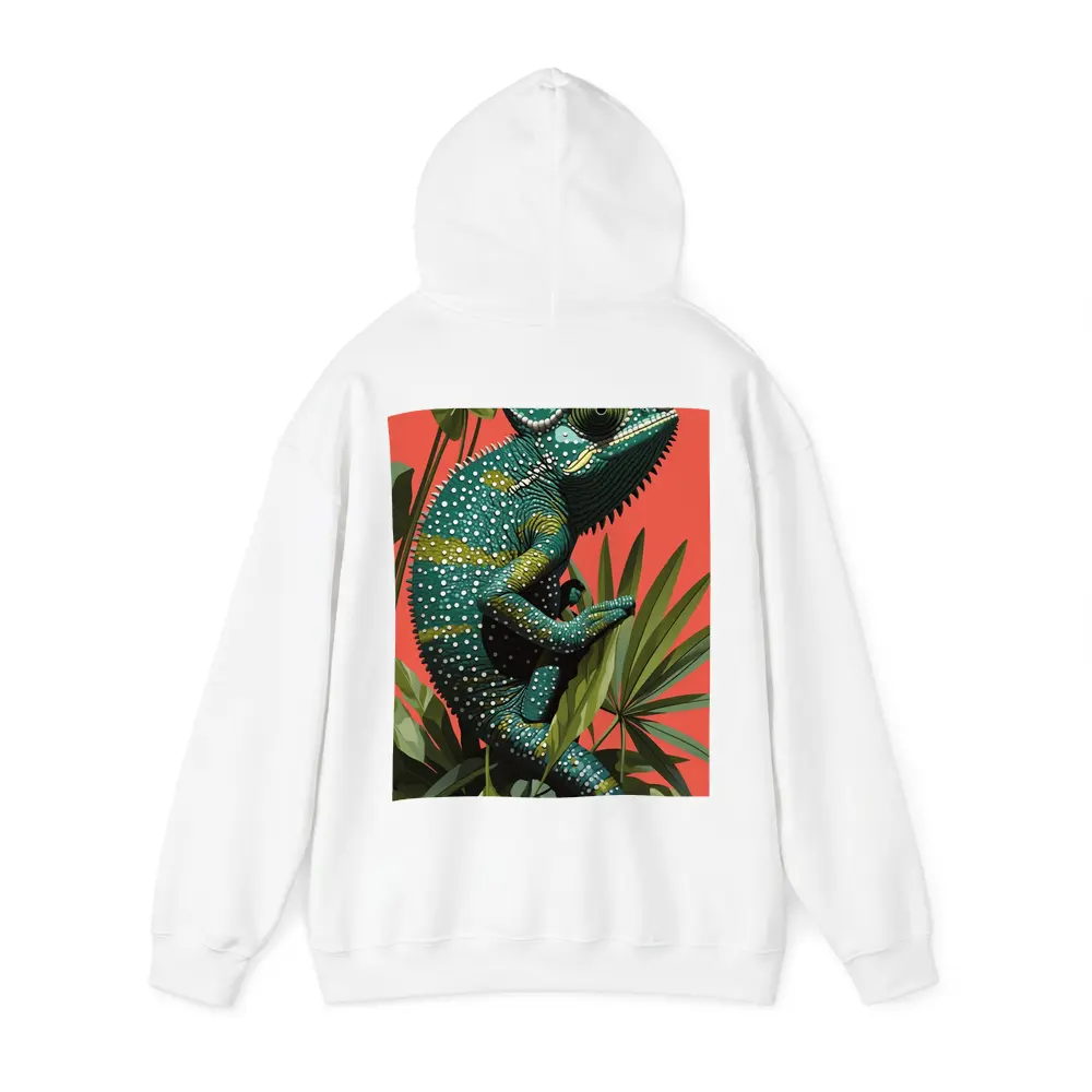 Teal Chameleon Climbing Tropical Plants Red Background – Hoodies