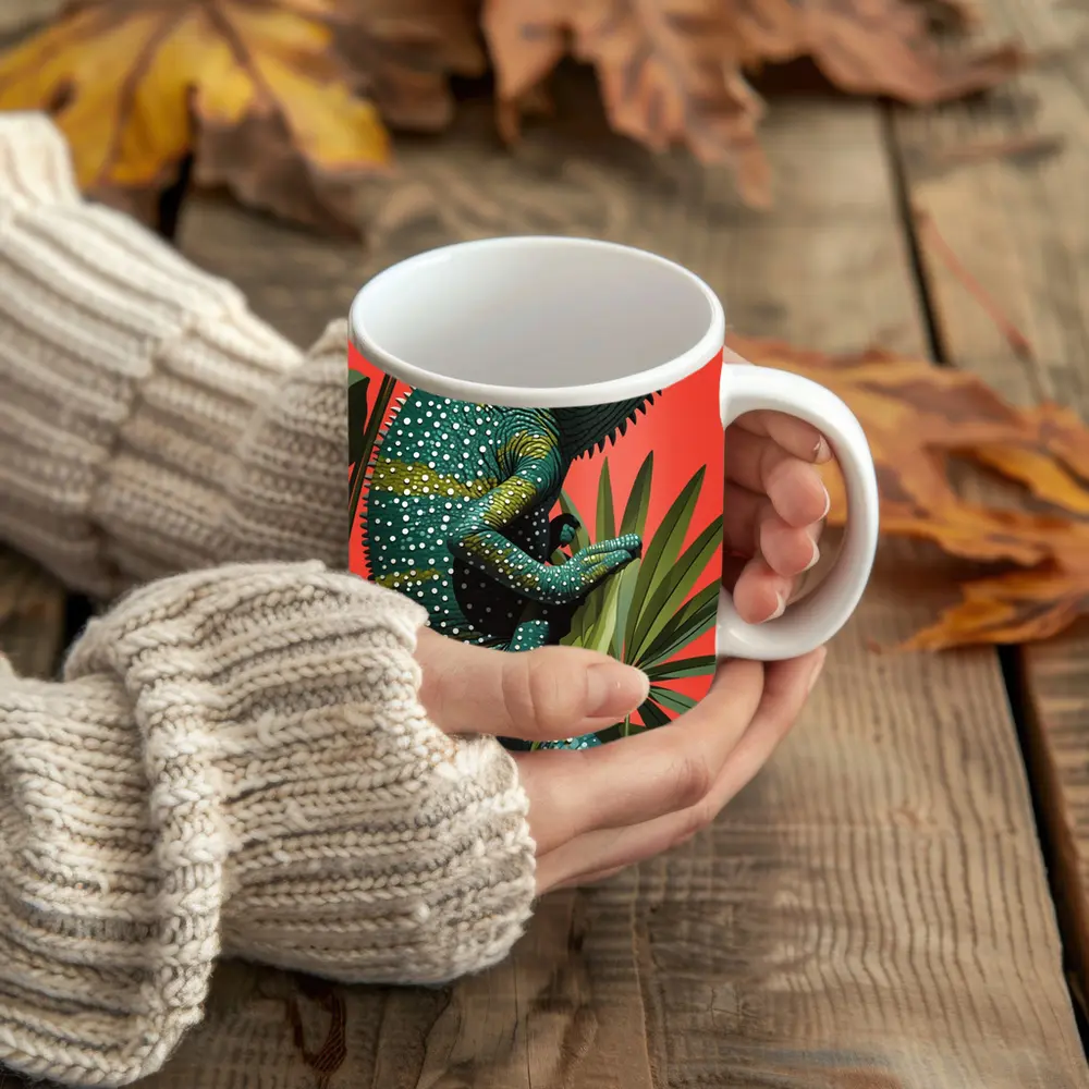 Teal Chameleon Climbing Tropical Plants Red Background – Mugs