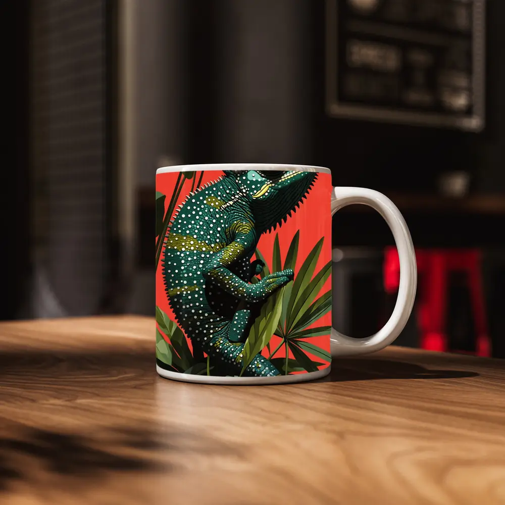 Teal Chameleon Climbing Tropical Plants Red Background – Mugs