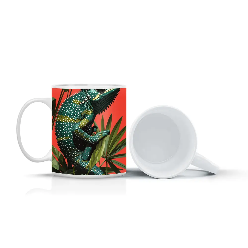 Teal Chameleon Climbing Tropical Plants Red Background – Mugs