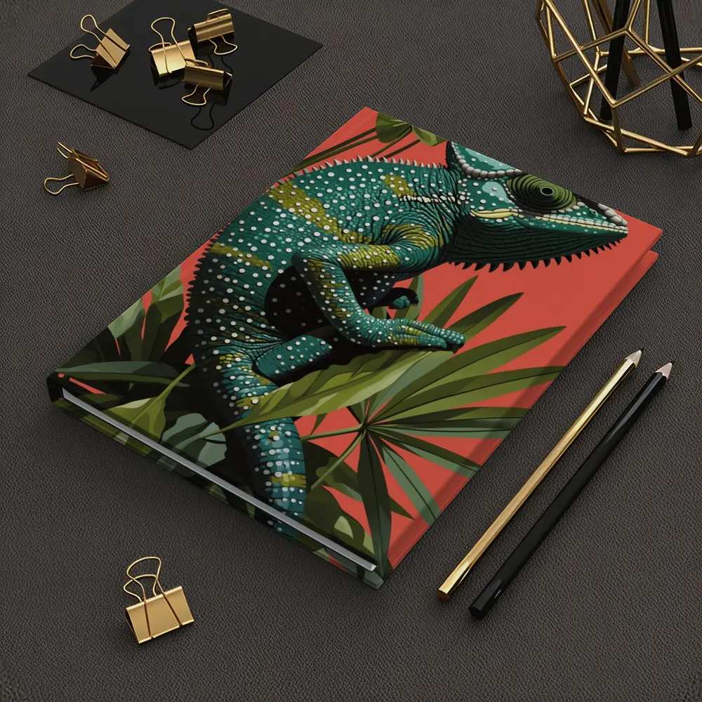 Teal Chameleon Climbing Tropical Plants Red Background – Notebooks