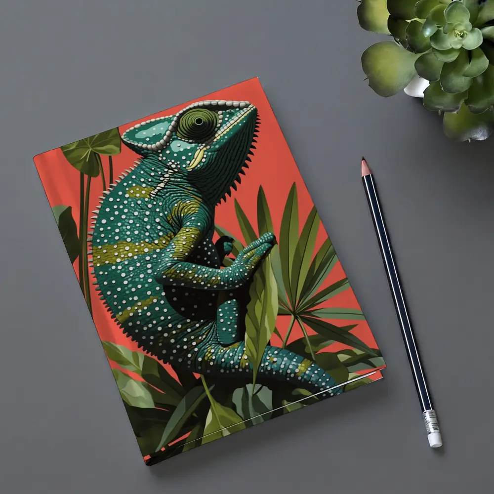 Teal Chameleon Climbing Tropical Plants Red Background – Notebooks